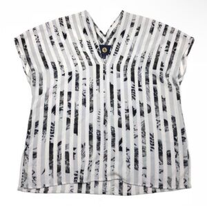 Adrienne Vittadini gray white black striped floral blouse neutral small S